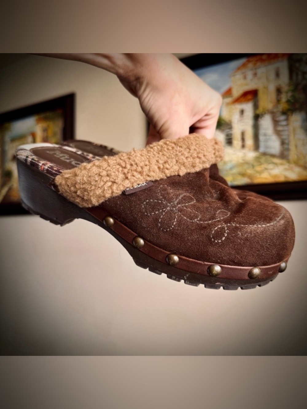 Dark Brown Vintage Mudd Bratz Y2k Clogs Shoes Embroidered Fur Sherpa Tan 7